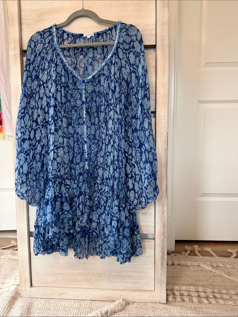 Poupette St. Barth Blue Printed V-Neck Tiered Peasant Tunic